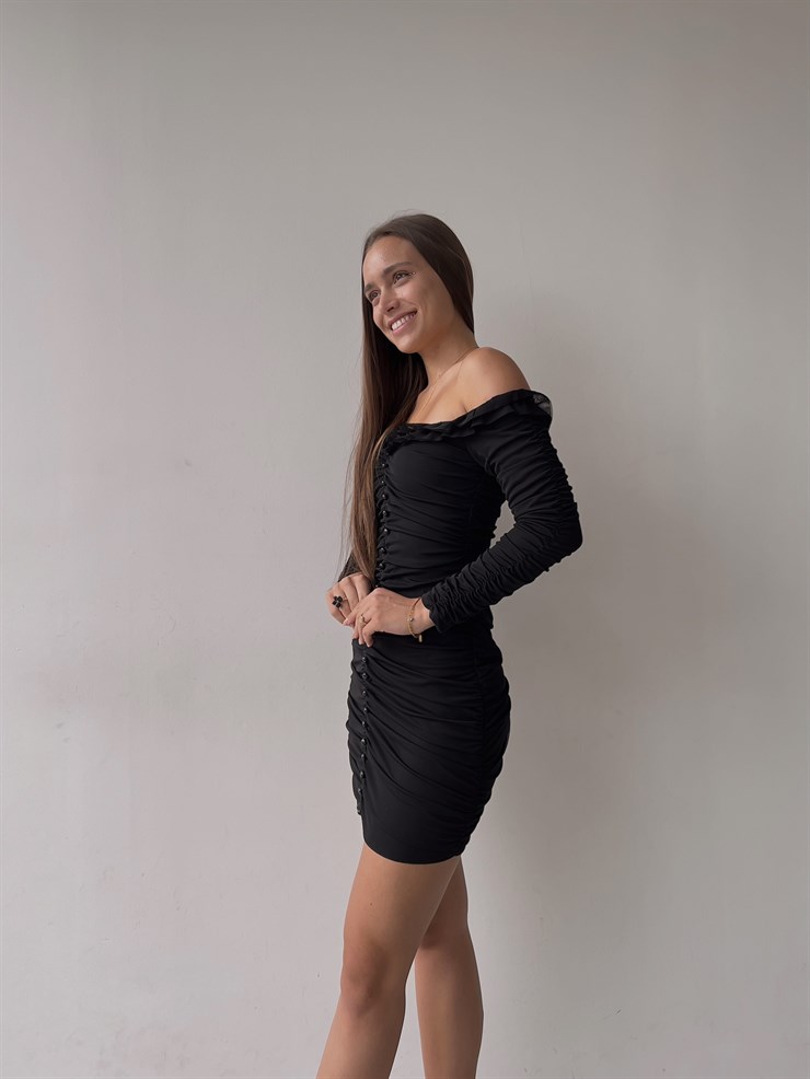 	Omuz Fırfırlı Önden Düğme Detaylı Drapeli Uzun Kol Zanobi Kadın Siyah Mini Elbise 23K000110