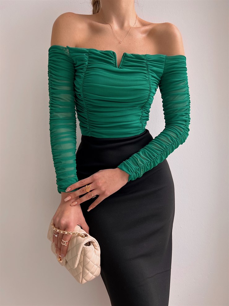 Açık Omuz Büzgülü Alena Kadın Yeşil Tül Bluz 22K000565