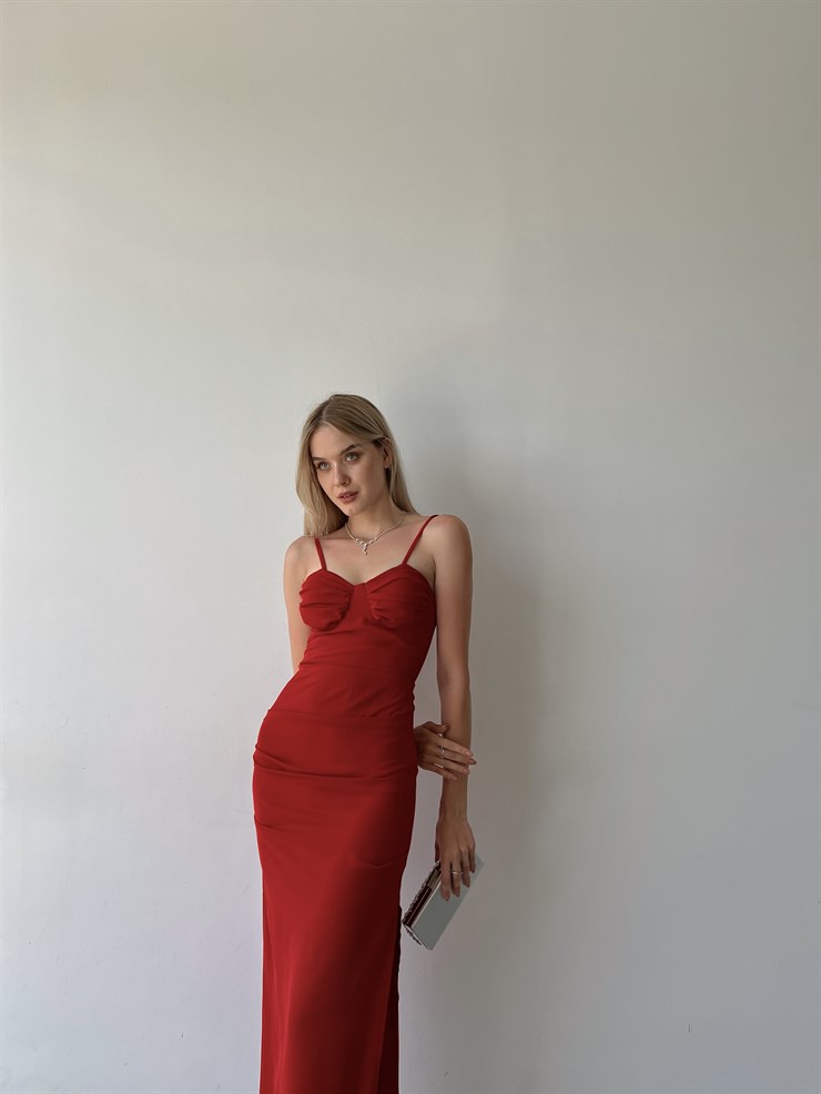 Askılı Derin Yırtmaçlı Drapeli Alda Kadın Kırmızı Uzun Elbise 22Y000342
