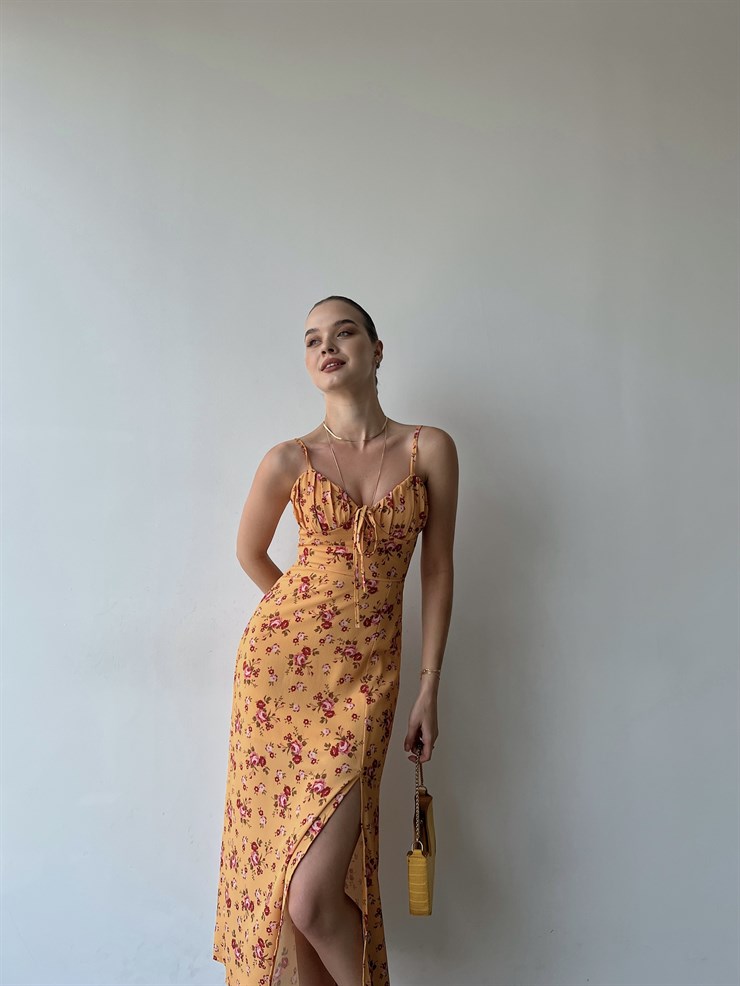 Askılı Midi Boy Göğüsü Drapeli Çiçek Desenli Yırtmaçlı Ardere Kadın Hardal Elbise 22Y000358