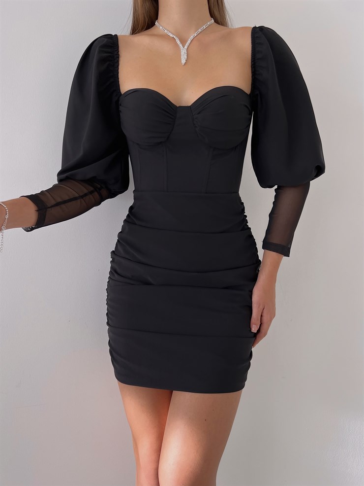 Balon Kol Eteği Drapeli Rosalina Kadın Siyah Mini Elbise 23K000198