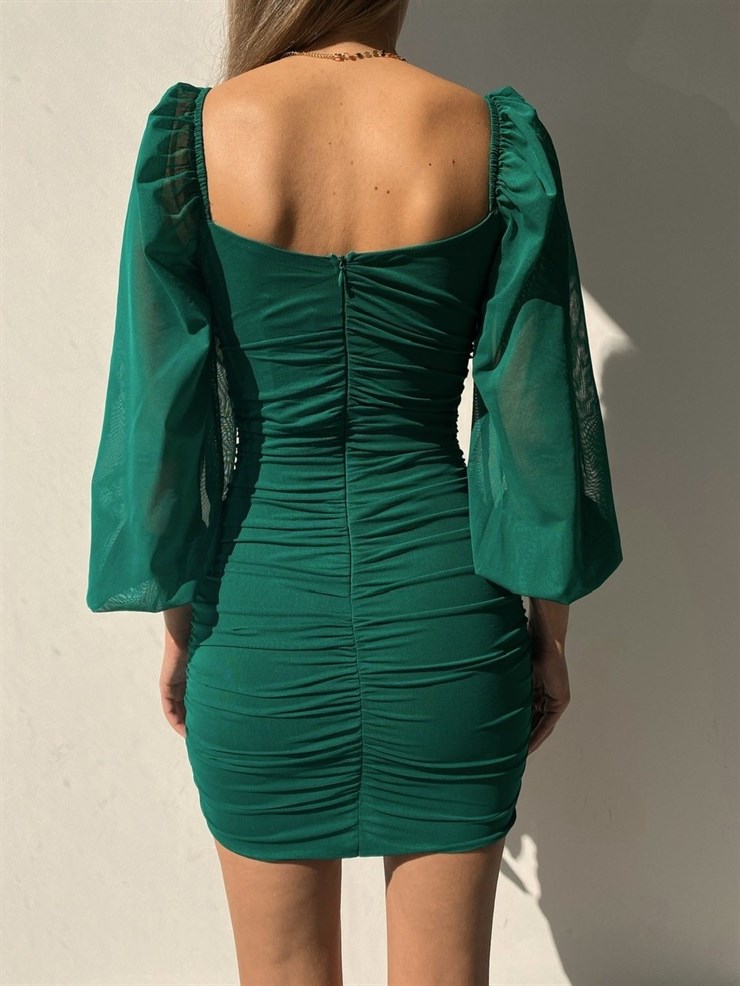 Balon Kol Kalp Yaka Büzgülü Mini Anita Kadın Yeşil Tül Elbise 22K000110