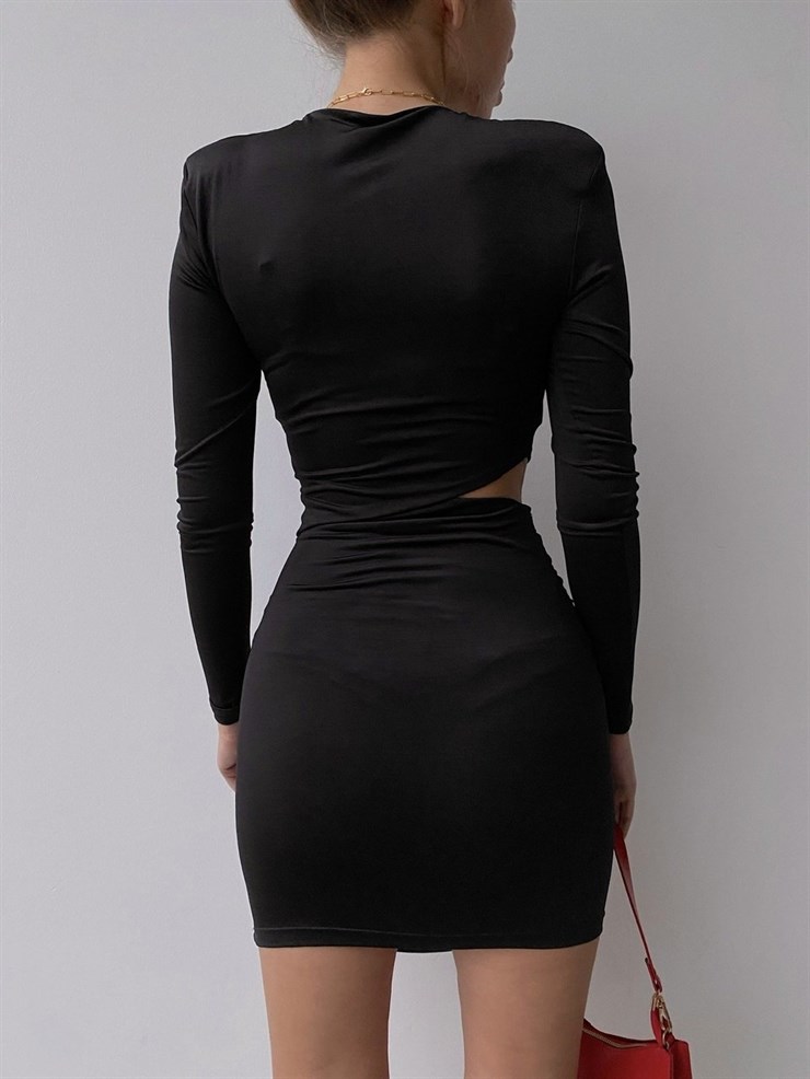 Bel Dekolte Büzgülü Novella Kadın Siyah Mini Elbise 22K000415
