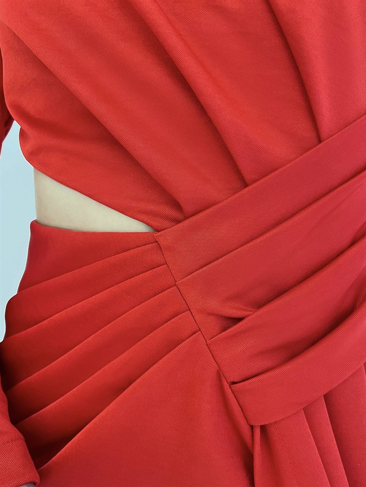 Bel Pencere Detay Tek Kol Veronica Kadın Kırmızı Midi Elbise 23K000413