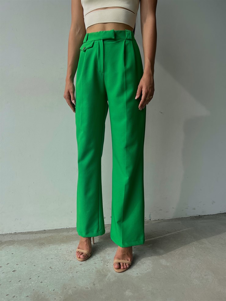 Beli Pileli Önü Cep Görünümlü Bol Paça Braddock Kadın Yeşil Pantolon 23K000129
