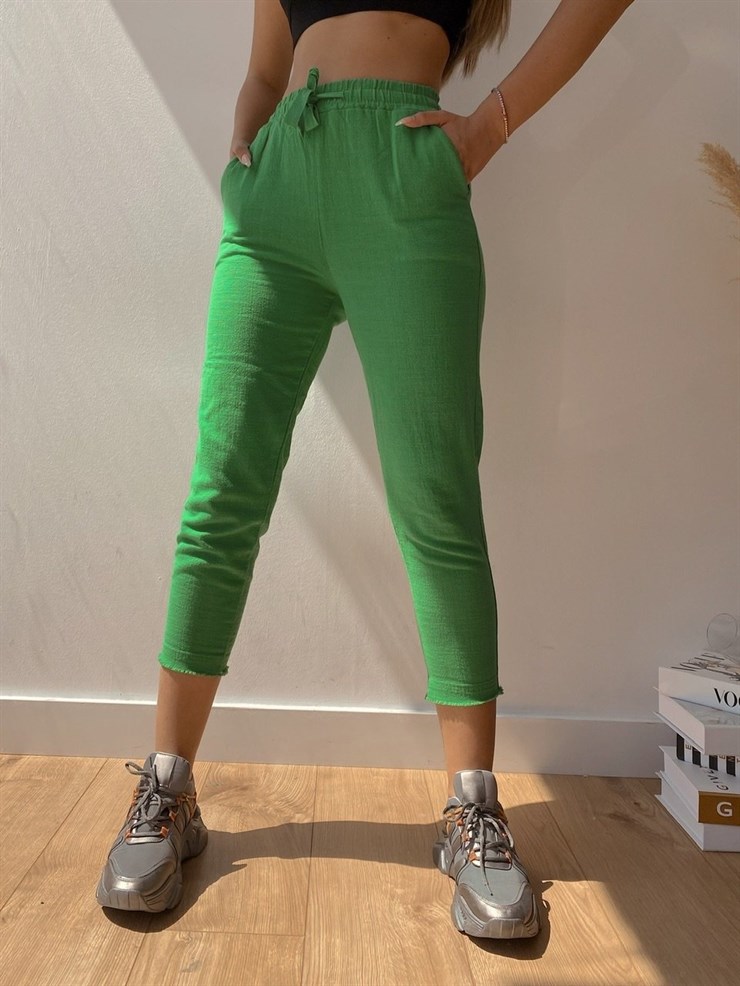 Belli Lastikli Paça Püsküllü Keten Kadın Yeşil Pantolon 21Y000431