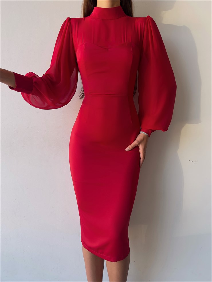 Boğazlı Uzun Tül Kol Agathe Kadın Kırmızı Midi Boy Elbise 23K000156