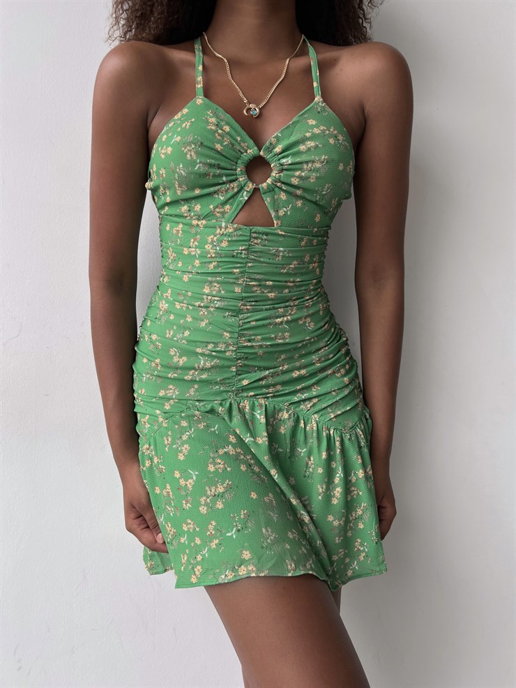 Boyundan Bağcıklı Çiçekli Sırt Dekolte Volanlı Aries Kadın Yeşil Mini Elbise 22Y000402