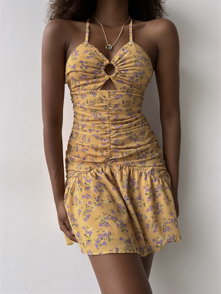 Boyundan Bağcıklı Çiçekli Sırt Dekolte Volanlı Aries Kadın Sarı Mini Elbise 22Y000402