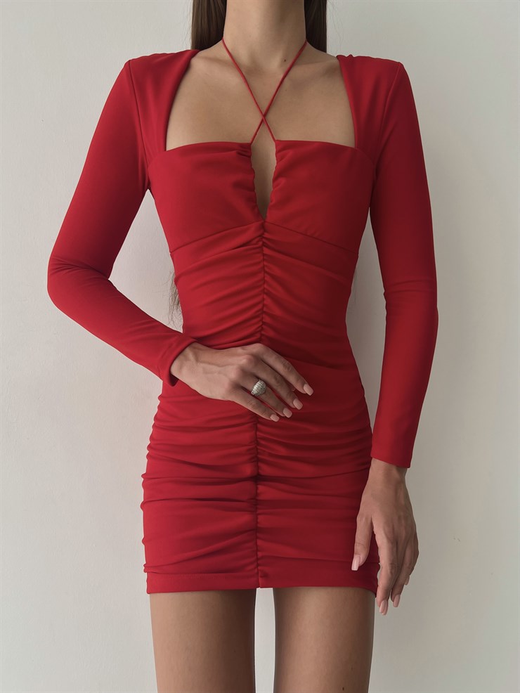 Boyundan Çapraz İp Detay Uzun Kol Drapeli Jolanka Kadın Kırmızı Mini Elbise 23K000030