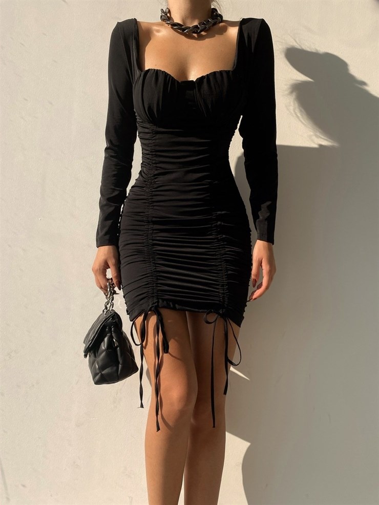 Büzgülü Boyu Önden Bağcıkla Ayarnanabilir Anissa Kadın Siyah Elbise 22K000249
