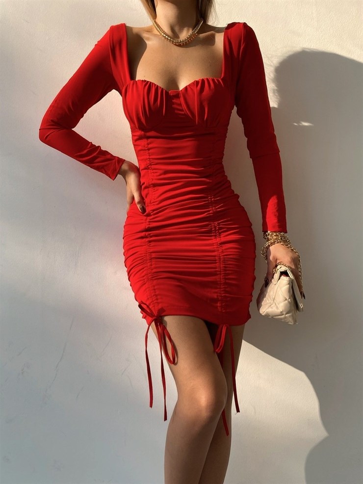 Büzgülü Boyu Önden Bağcıkla Ayarnanabilir Anissa Kadın Kırmızı Elbise 22K000249
