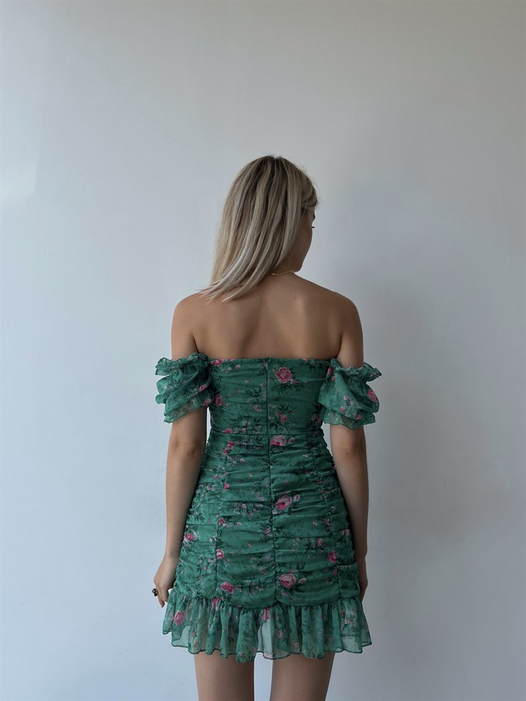 Çiçekli Ayarlanabilir Lastikli Yaka Volanlı Vitalis Kadın Yeşil Elbise 22Y000453