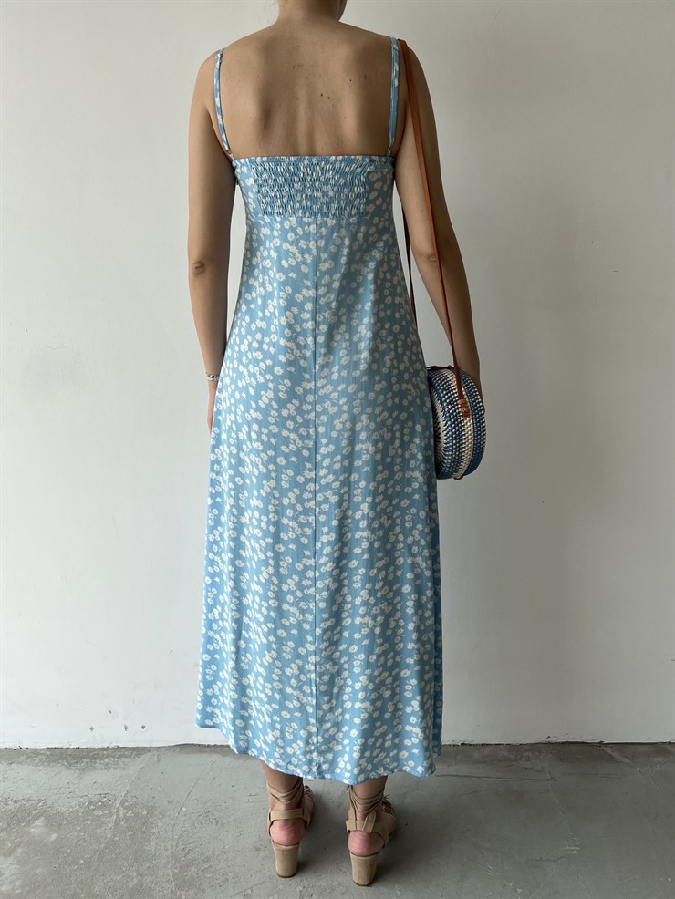 Çiçekli İnce Askı Yırtmaçlı Grant Kadın Mavi Uzun Elbise 22Y000290