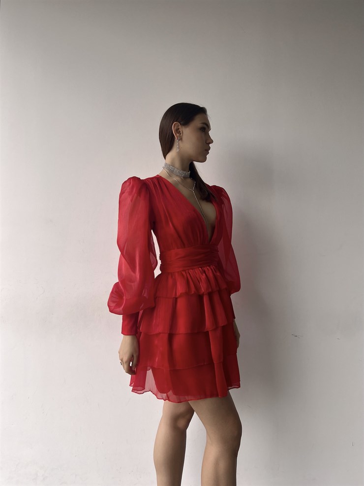 Derin V Yaka Belden Oturtmalı Tül Kol Crown Kadın Kırmızı Fırfırlı Elbise 23K000314
