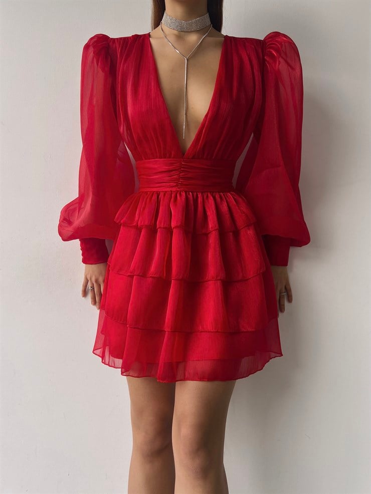 Derin V Yaka Belden Oturtmalı Tül Kol Crown Kadın Kırmızı Fırfırlı Elbise 23K000314
