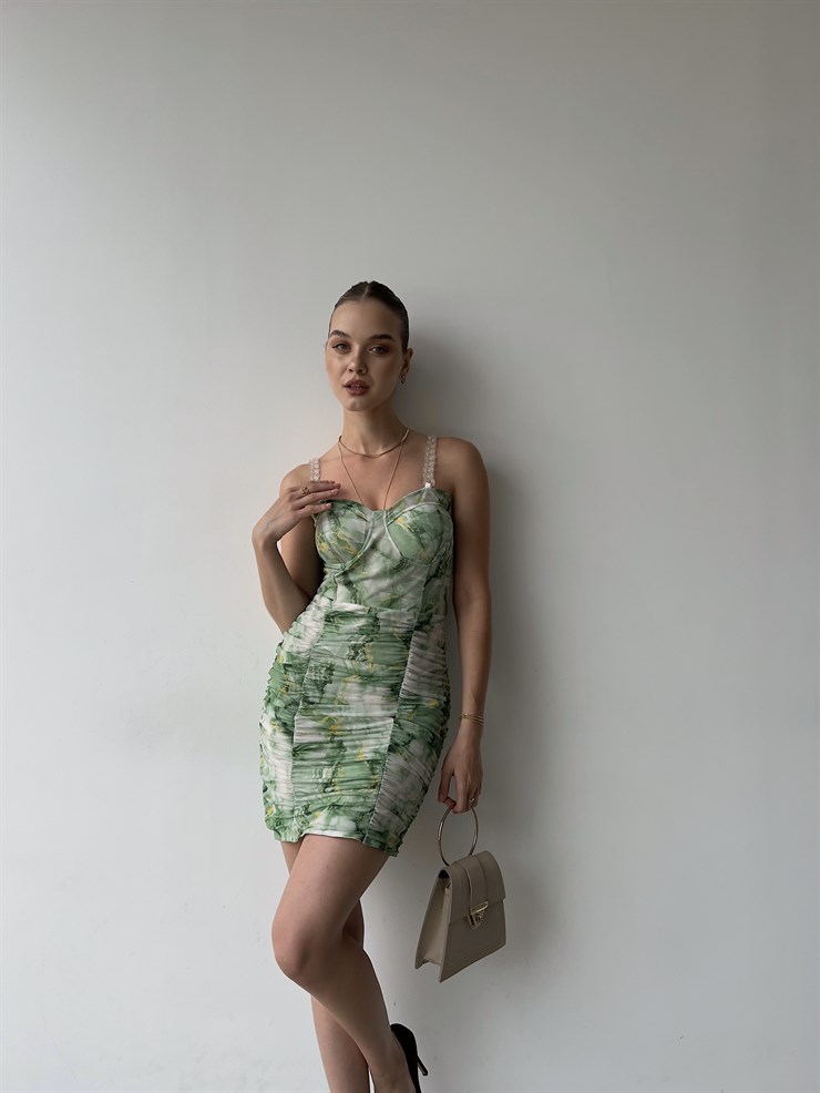 Desenli Plastik Zincir Askı Drapeli Adoray Kadın Yeşil Elbise 22Y000359
