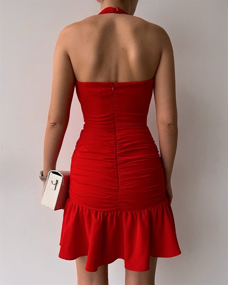 Drape Boyundan Bağlama Eteği Volanlı Kadın Kırmızı  Elbise 22K000528