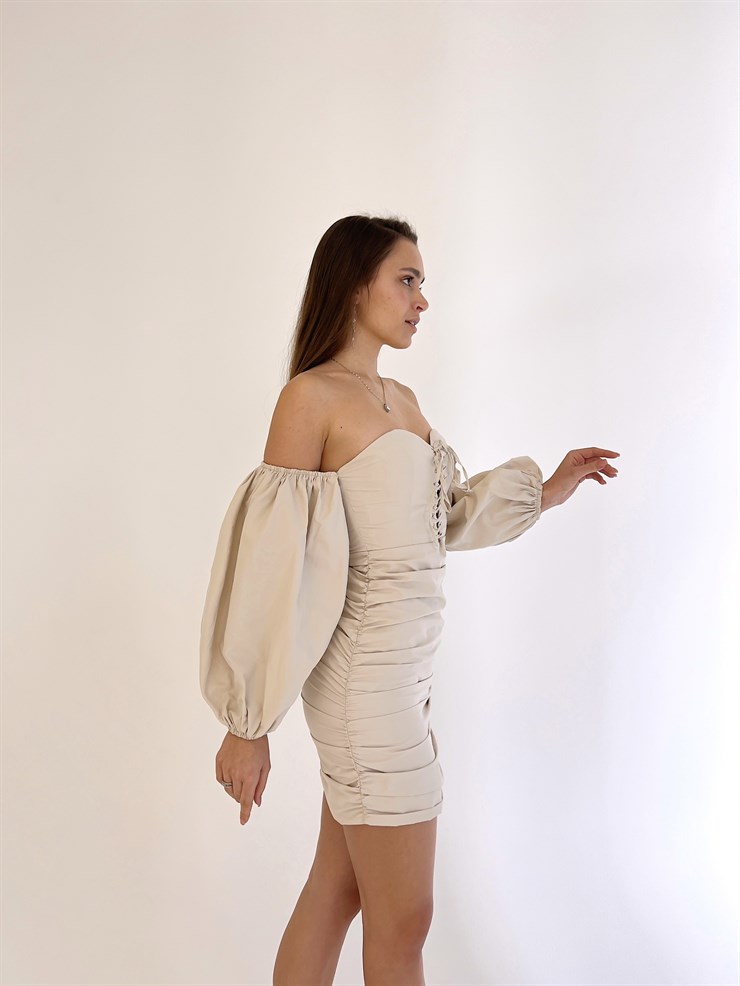 Düşük Balon Kol Drape Detaylı Maddox Kadın Taş Renk Elbise 23K000412