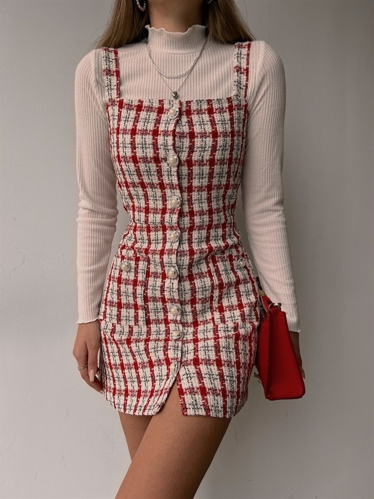 Ekose Önü Düğmeli Mini Kadın Kırmızı Salopet Elbise 22K000308