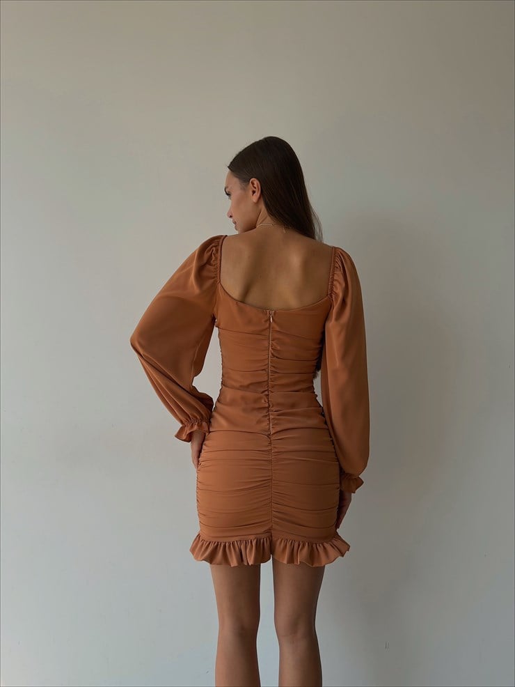 Etek Kısmı Volanlı Drapeli Camila Kadın Taba Mini Elbise 22K000196