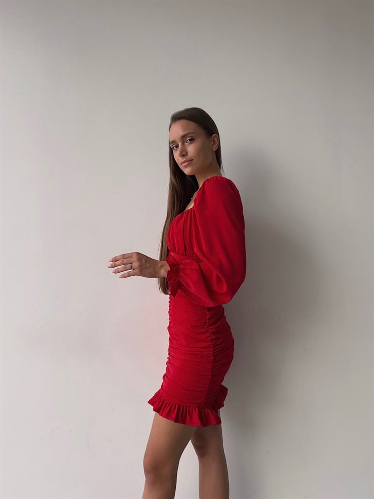 Etek Kısmı Volanlı Drapeli Camila Kadın Kırmızı Mini Elbise 22K000196