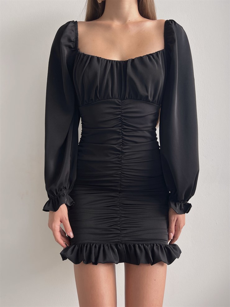 Etek Kısmı Volanlı Drapeli Camila Kadın Siyah Mini Elbise 22K000196