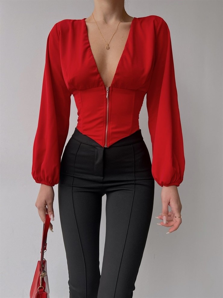 Fermuarlı V Yaka Aldene Kadın Kırmızı Crop Bluz 22K000446