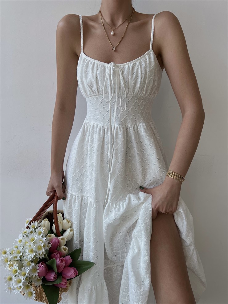 Fiston Kumaş Volanlı İnce Askılı Trixy Kadın Beyaz Uzun Elbise 22Y000337