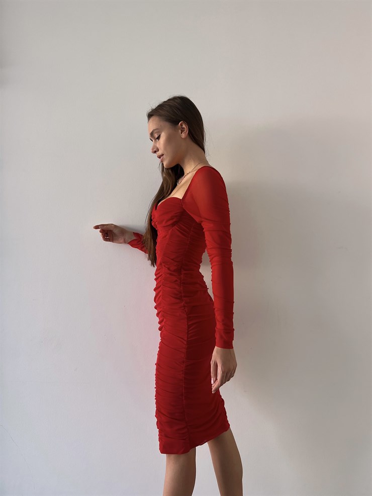Göğüs Gloplu Omuz Lastikli Uzun Tül Kol Drapeli Linnaeus Kırmızı Kadın Mini Elbise 23K000103