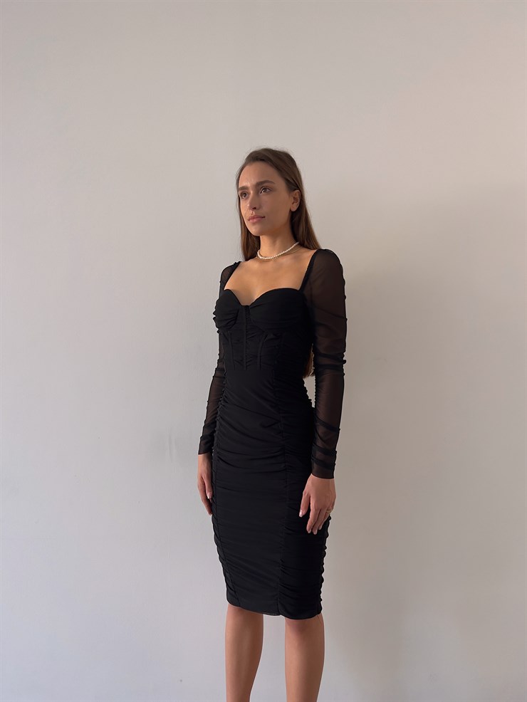 Göğüs Gloplu Omuz Lastikli Uzun Tül Kol Drapeli Linnaeus Siyah Kadın Mini Elbise 23K000103