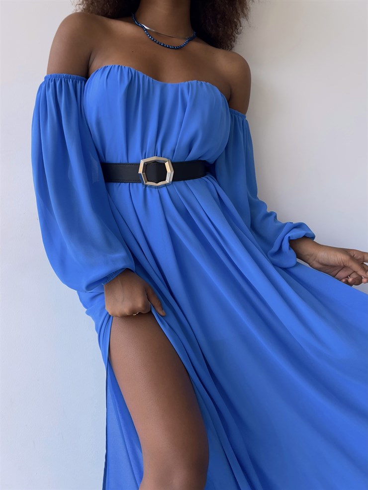 Göğüs Kuplu Şifon Çift Yırtmaçlı Uzun Severus Kadın Mavi Elbise 22Y000417