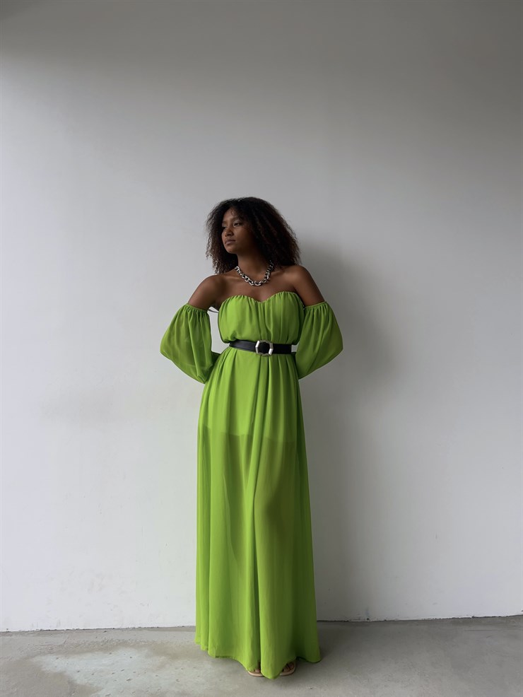 Göğüs Kuplu Şifon Çift Yırtmaçlı Uzun Severus Kadın Yeşil Elbise 22Y000417