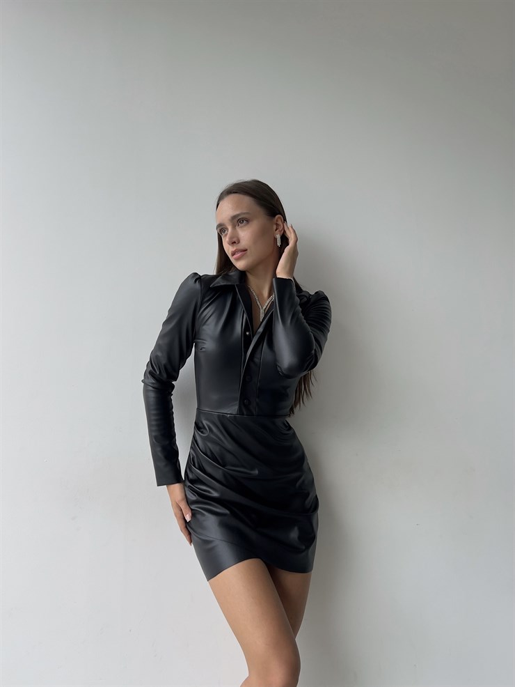 Gömlek Yaka Eteği Büzgülü Ambre Kadın Siyah Deri Elbise 22K000265