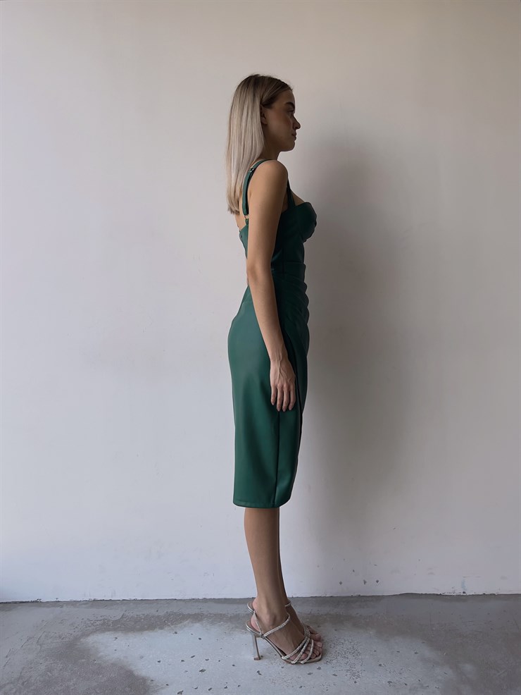 Kalp Yaka Drapeli Kalın Askılı Eteği Kruvaze Jamarcus Kadın Yeşil Vegan Deri Elbise 23K000095