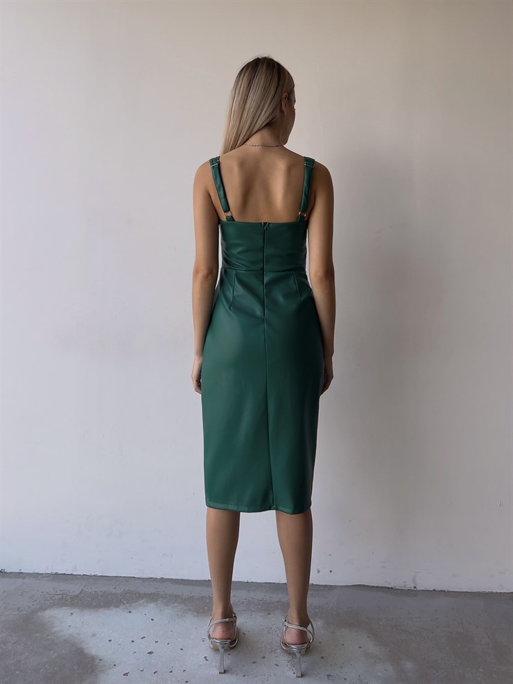 Kalp Yaka Drapeli Kalın Askılı Eteği Kruvaze Jamarcus Kadın Yeşil Vegan Deri Elbise 23K000095