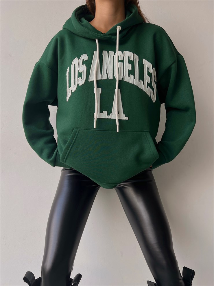 Kapüşonlu Kanguru Cepli Los Angeles Yazılı Tazia Kadın Zümrüt Sweatshirt 23K000067