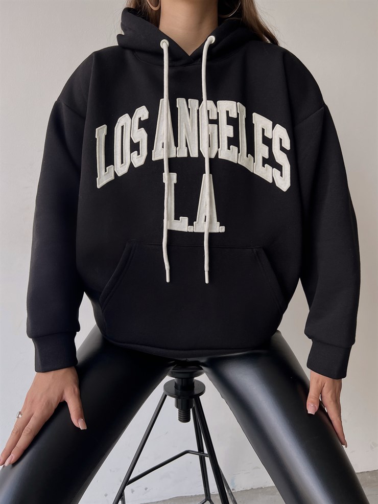 Kapüşonlu Kanguru Cepli Los Angeles Yazılı Tazia Kadın Siyah Sweatshirt 23K000067