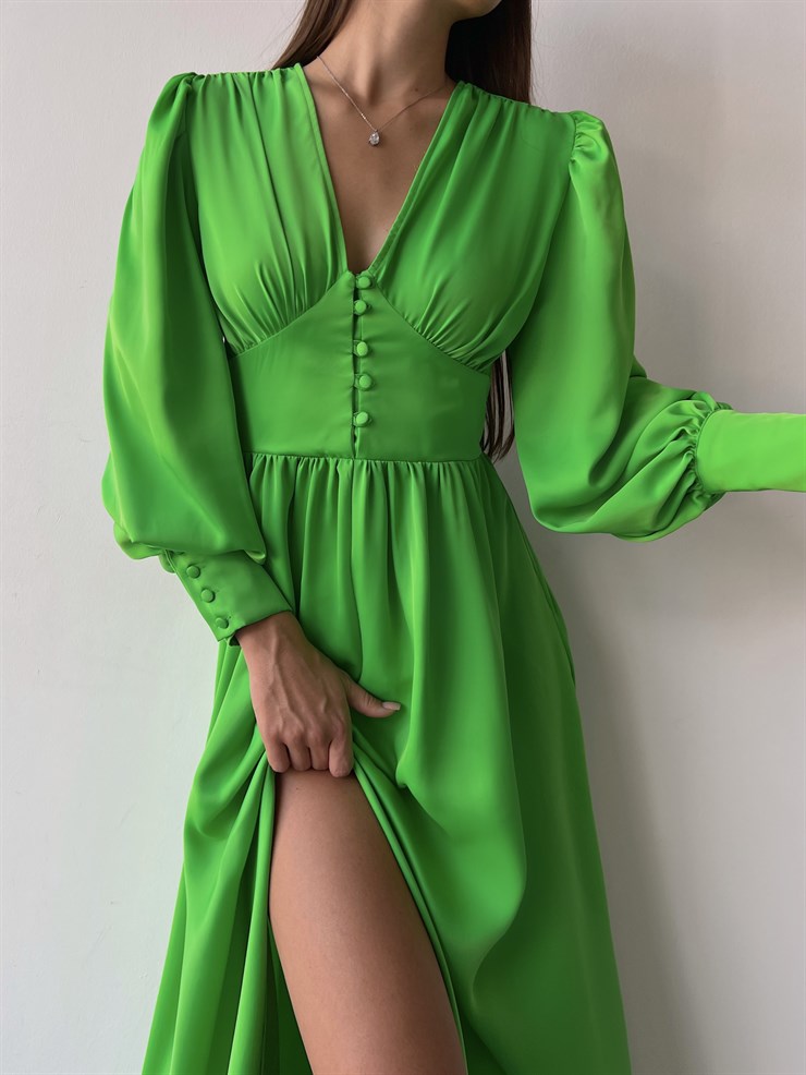 Kiloş Balon Kol Beli Düğmeli Viktoria Kadın Fıstık Yeşili Uzun Elbise 22K000051