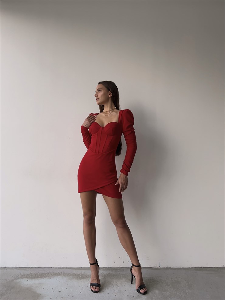 Korse Büzgülü Uzun Kol Göğüs Pedli Eteği Kruvaze Paul Kadın Kırmızı Mini Elbise 23K000037