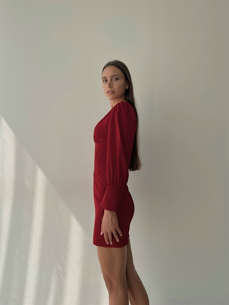 Korse Derin V Yaka Bağlama Detaylı Uzun Kol Reynold Kadın Kırmızı Mini Elbise 23K000038