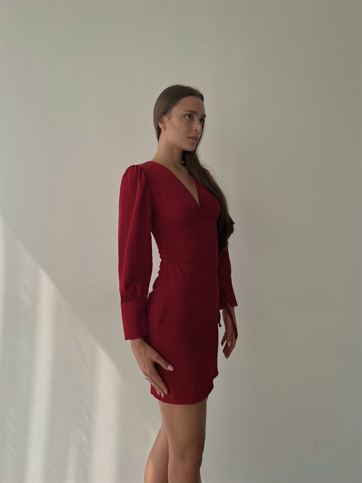 Korse Derin V Yaka Bağlama Detaylı Uzun Kol Reynold Kadın Kırmızı Mini Elbise 23K000038