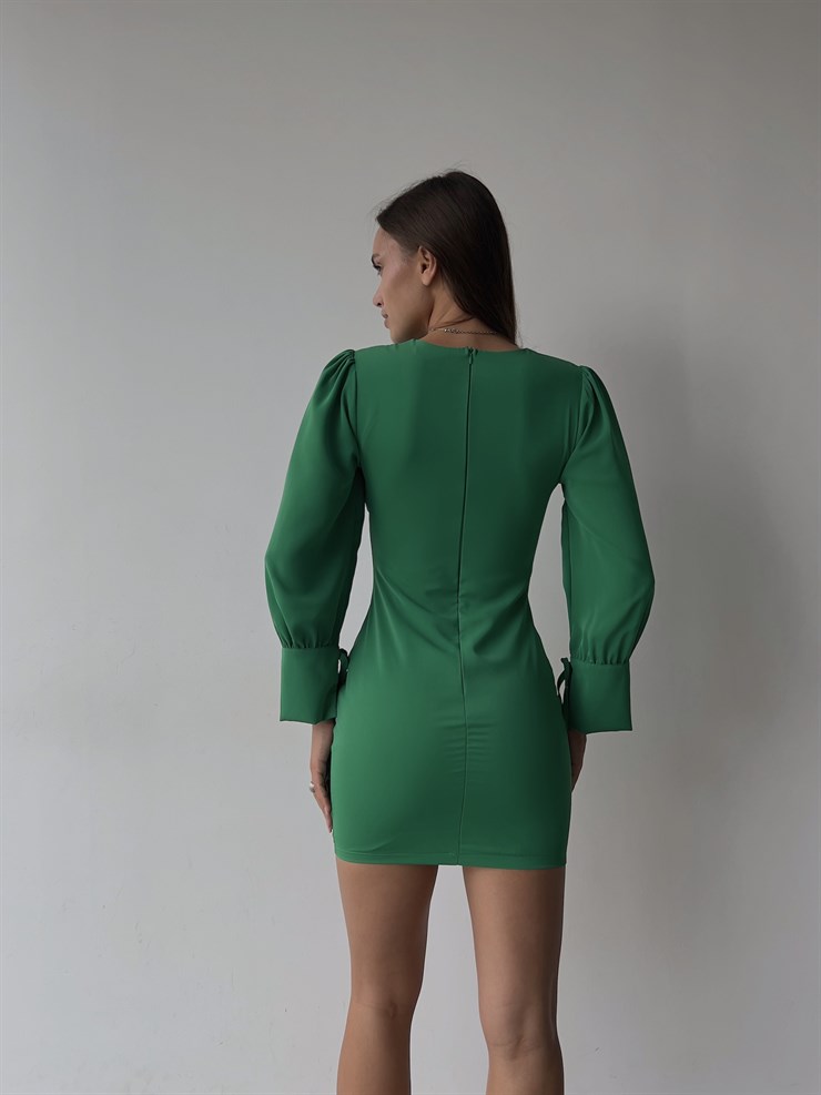 Korse Derin V Yaka Bağlama Detaylı Uzun Kol Reynold Kadın Yeşil Mini Elbise 23K000038