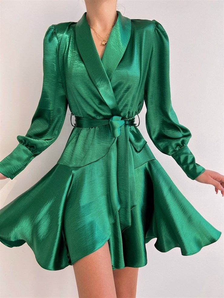 Kruvaze Volanlı Belden Bağlama Cindy Kadın Yeşil Elbise 22K000527