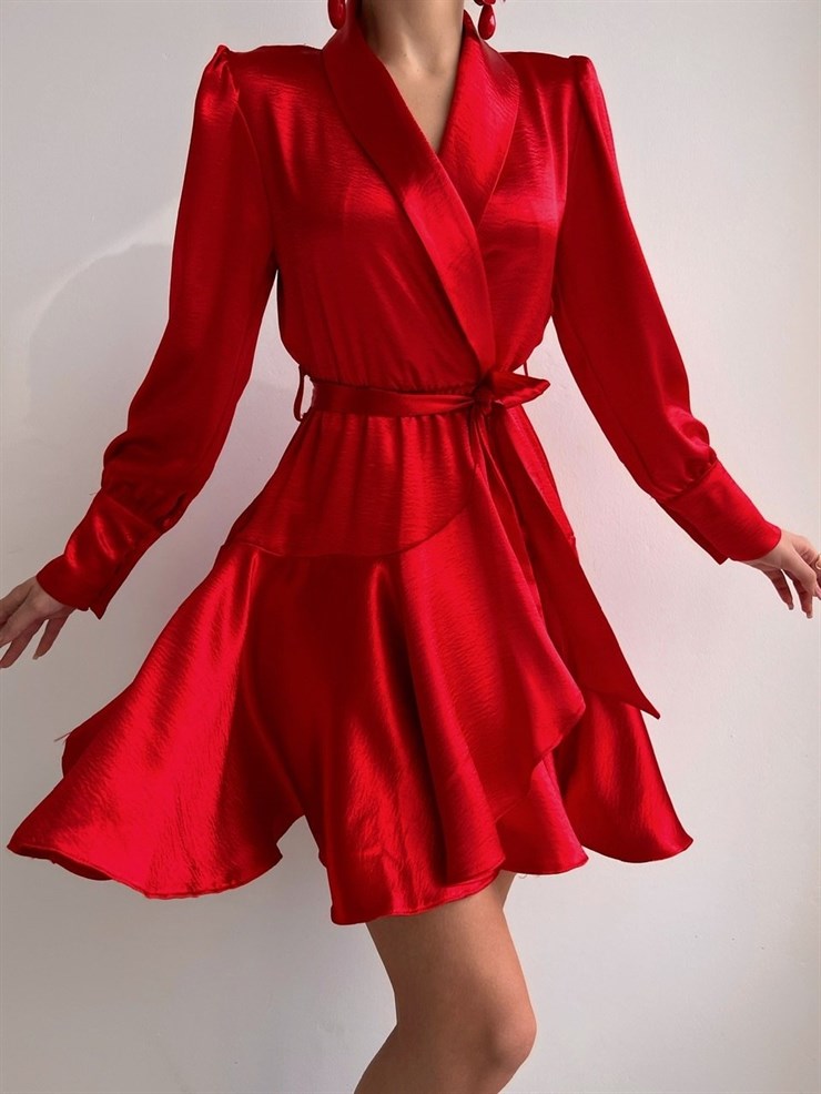 Kruvaze Volanlı Belden Bağlama Cindy Kadın Kırmızı Elbise 22K000527