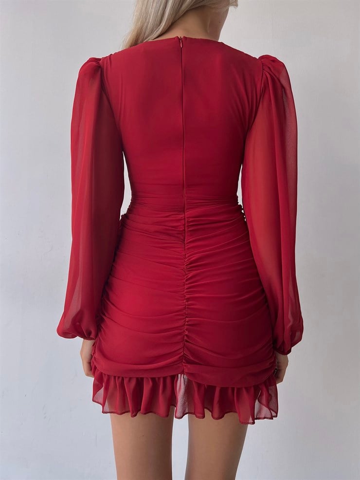Kruvaze Yaka Drapeli Etek Kısmı Fırfırlı Amara Kadın Kırmızı Mini Elbise 22Y000015