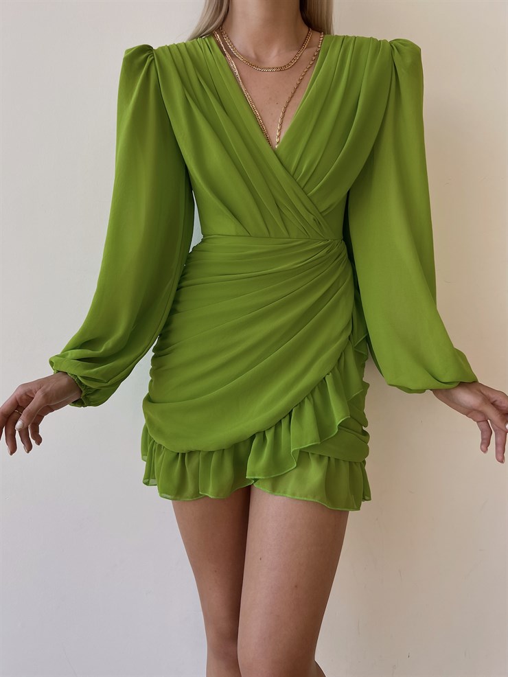 Kruvaze Yaka Drapeli Etek Kısmı Fırfırlı Amara Kadın Yeşil Mini Elbise 22Y000015