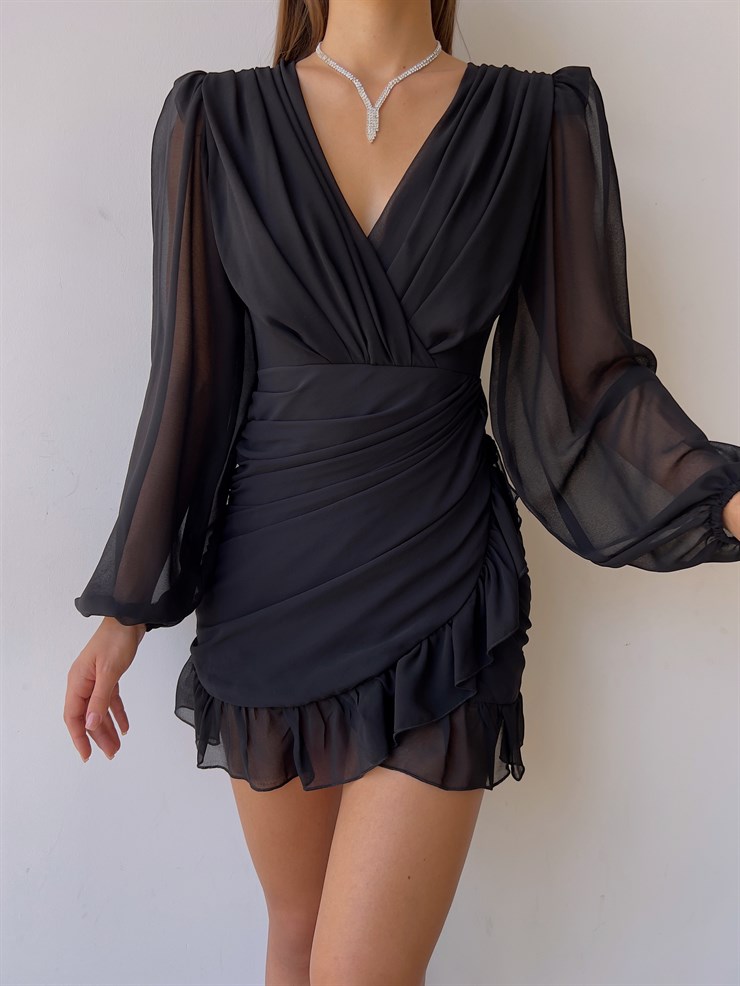 Kruvaze Yaka Drapeli Etek Kısmı Fırfırlı Amara Kadın Siyah Mini Elbise 22Y000015