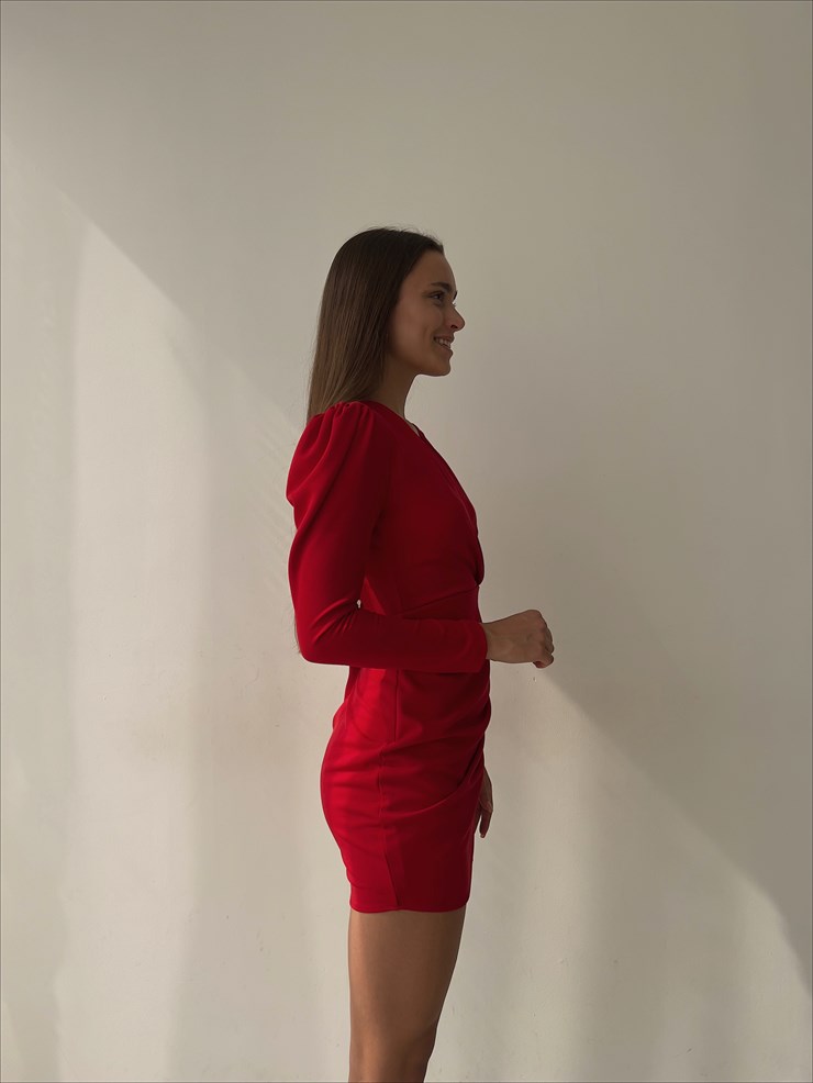 Kruvaze Yaka Eteği Drape Uzun Kol Boris Kadın Kırmızı Mini Elbise 23K000031