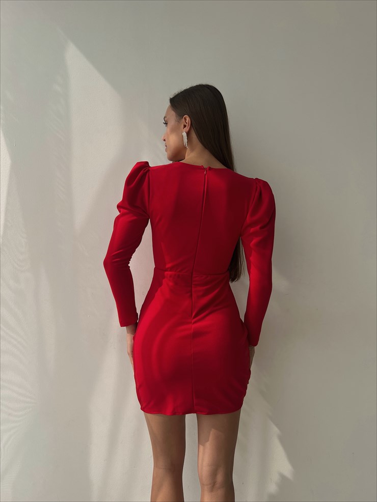 Kruvaze Yaka Eteği Drape Uzun Kol Boris Kadın Kırmızı Mini Elbise 23K000031